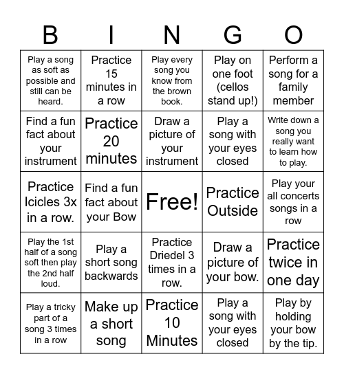 Orchestra Practice Bingo Card