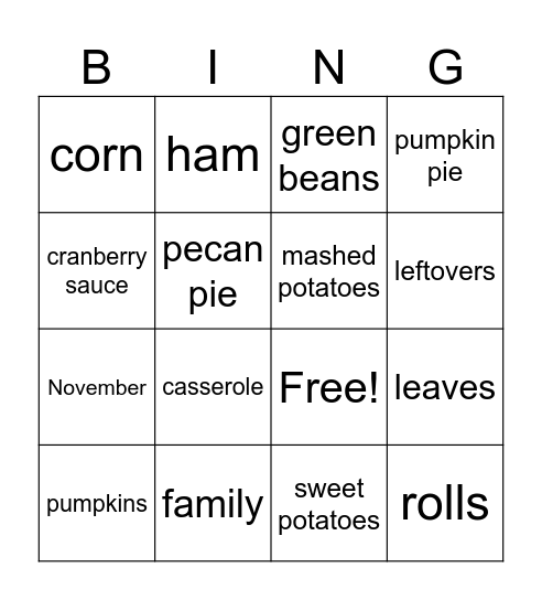 Thanksgiving Bingo Card