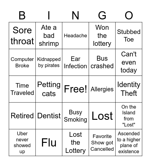 Animation Class is Cancelled Bingo Card