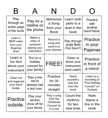 Thanksgiving Break Band Bingo Card