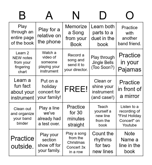 Thanksgiving Break Band Bingo Card