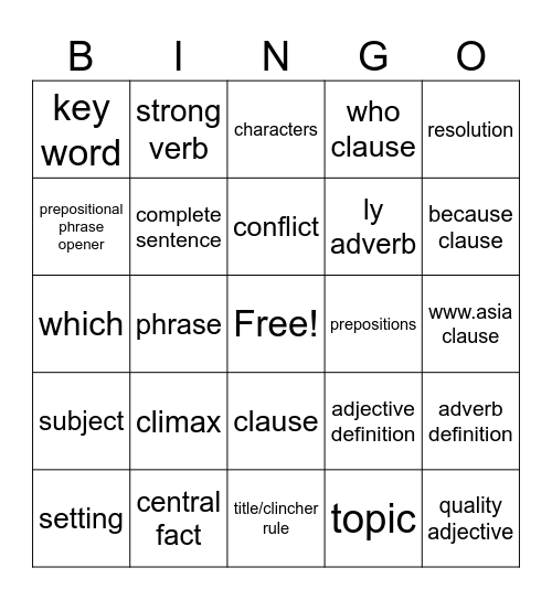 Writing Class Bingo Card