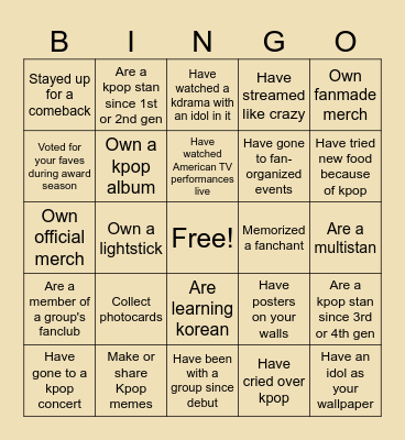 K-POP CLUB Bingo Card