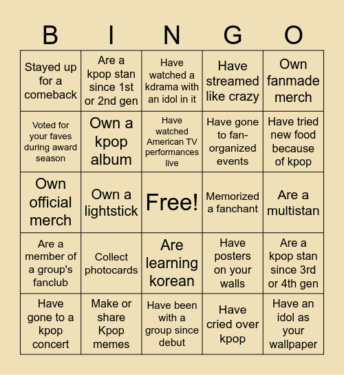 K-POP CLUB Bingo Card