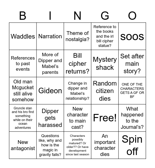 Gravity Falls Bingo Card