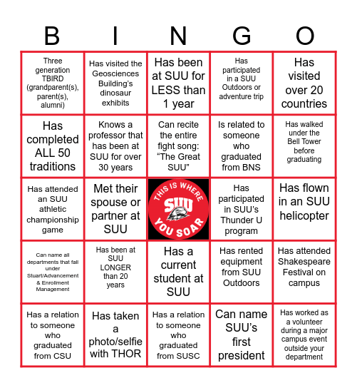 Southern Utah University BINGO Card