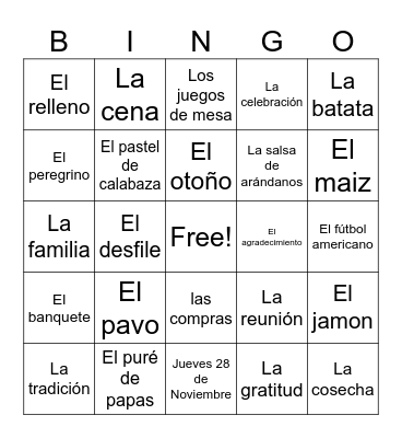 DIA DE ACCION DE GRACIAS Bingo Card
