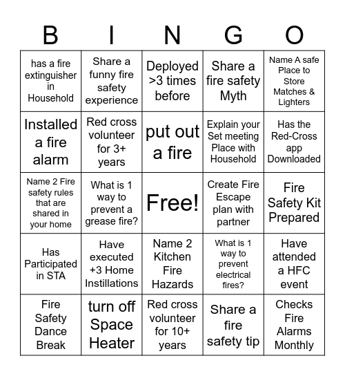 Home Fire Safety Bingo Card