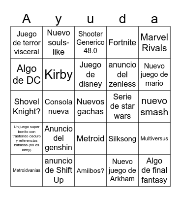 Game Awards Bingo Card