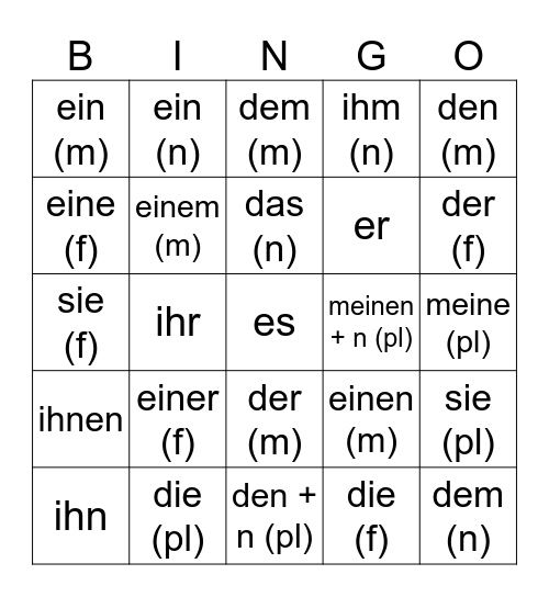 Nominative, Accusative, Dative Bingo Card