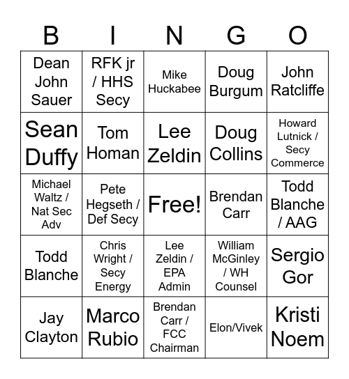 Cabinet Bingo! Bingo Card