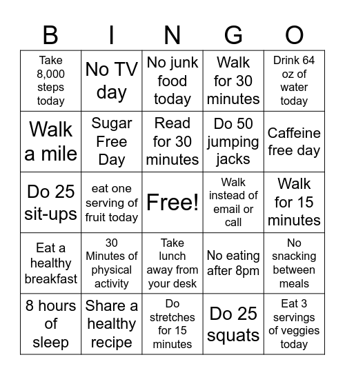 Sac County Healthy/Wellness BINGO Card