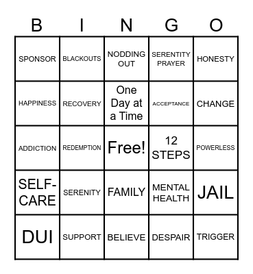 RECOVERY BINGO Card