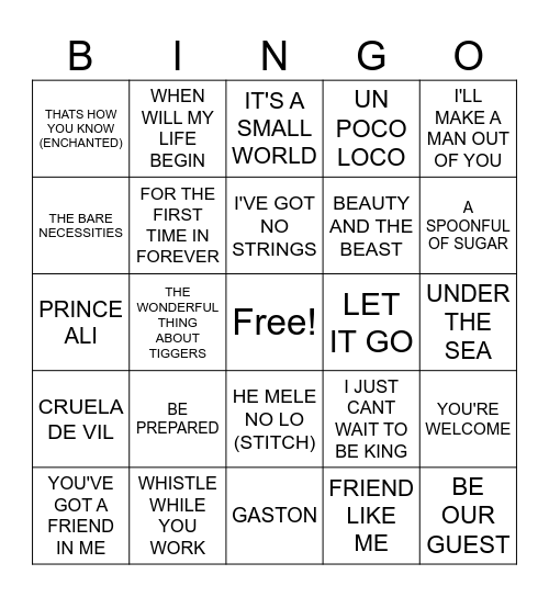 DISNEY SINGO Bingo Card