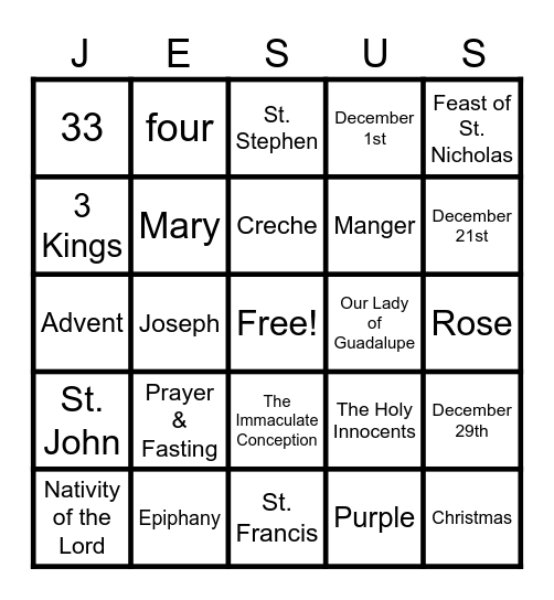 Advent Bingo Card