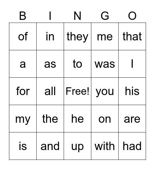 Sight Word Bingo Card