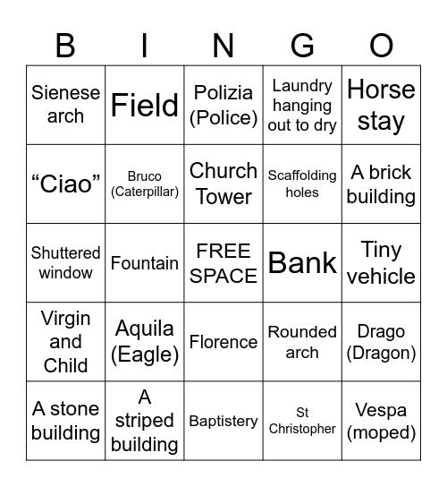 OpenEd Siena, Italy Walking Tour Bingo Card