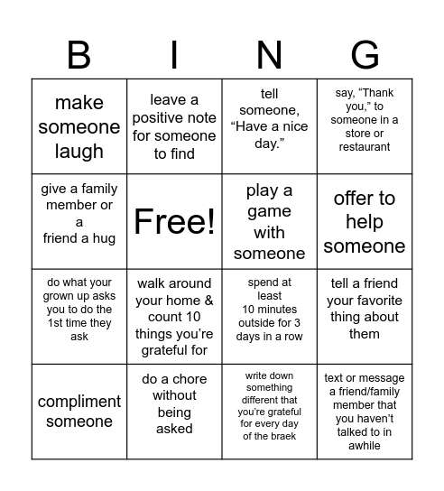 Gratitude Bingo Card