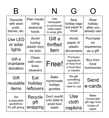 Sustainable Holiday Bingo Card