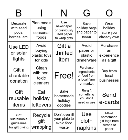 Sustainable Holiday Bingo Card