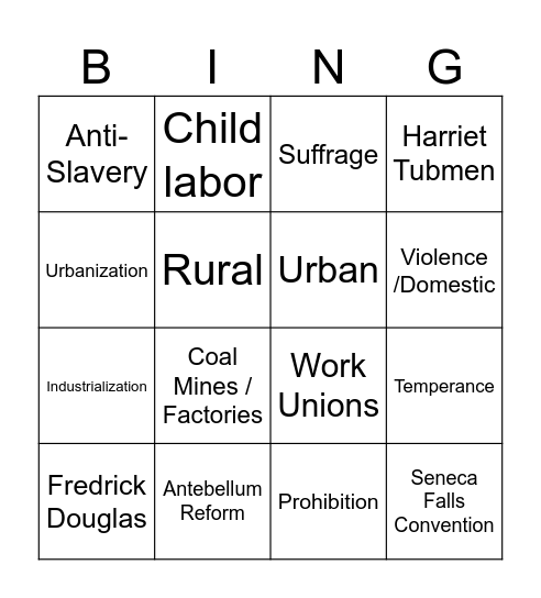 Industrialization / Reform Bingo Card