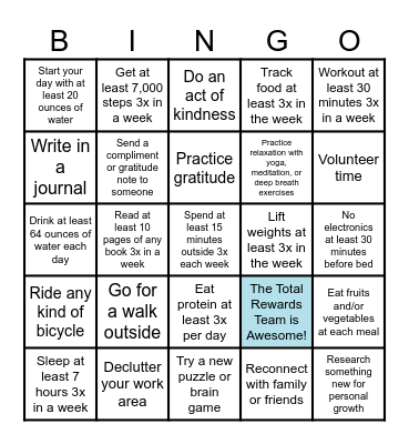 Total Rewards Wellness Bingo Card