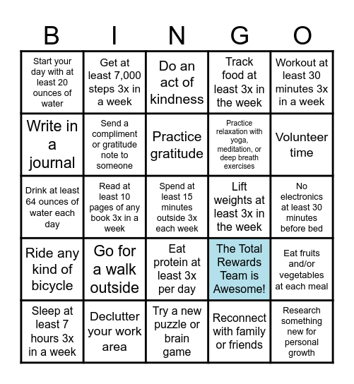 Total Rewards Wellness Bingo Card