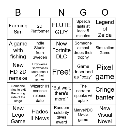 The Game Awards Bingo Card