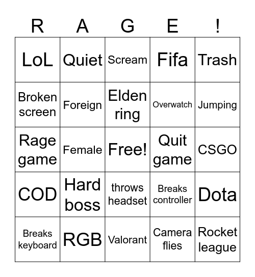 Gamer rage Bingo Card