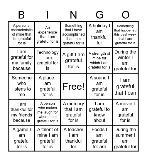 Gratitude BINGO Card