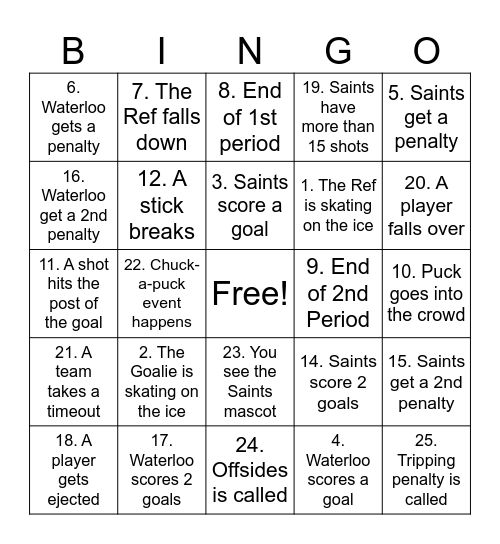 RFA Hockey Bingo Card