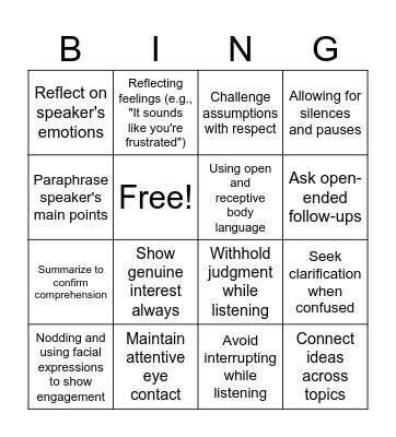 Active Listening Bingo Card