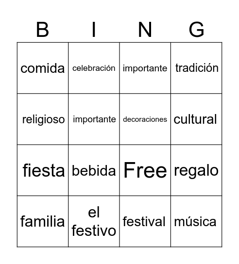 Bingo Sobre Los Festivos Bingo Card