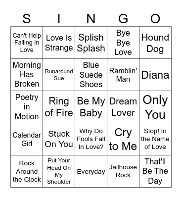 50's and 60's SINGO Bingo Card