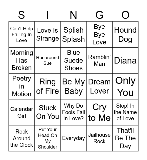 50's and 60's SINGO Bingo Card