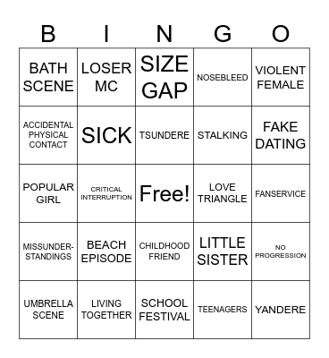 Romance anime Bingo Card