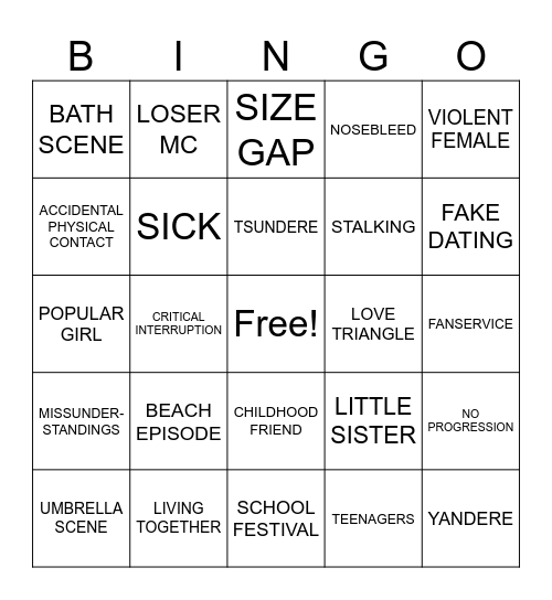 Romance anime Bingo Card