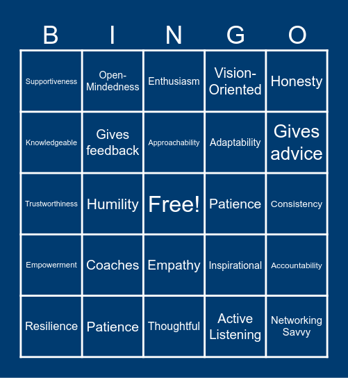 Mentor Qualities Bingo Card