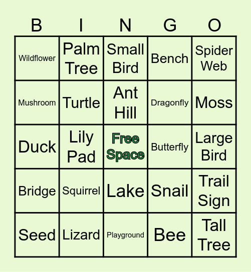 Tree Tops Nature Bingo Adventure Bingo Card