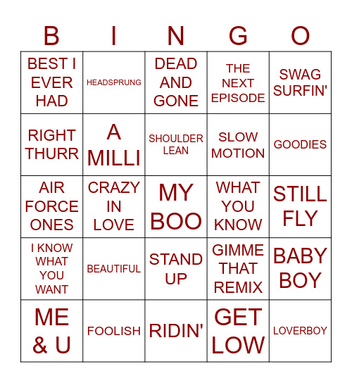 2000's R&B/Hip Hop Bingo Card