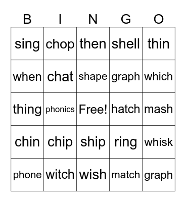 sh, ch, tch, wh, ph, _ng, th Bingo Card