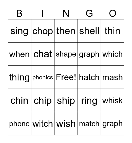 sh, ch, tch, wh, ph, _ng, th Bingo Card