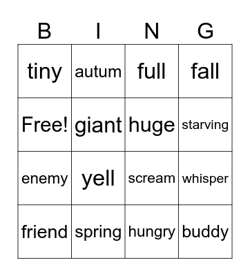 Synonyms and Antonyms Bingo Card