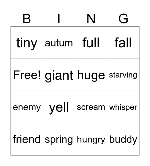 Synonyms and Antonyms Bingo Card