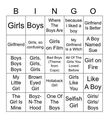 Boy & Girl Songs Bingo Card
