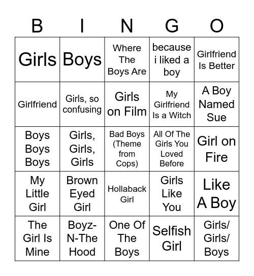 Boy & Girl Songs Bingo Card