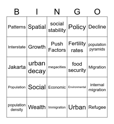 Changing Places Bingo Card