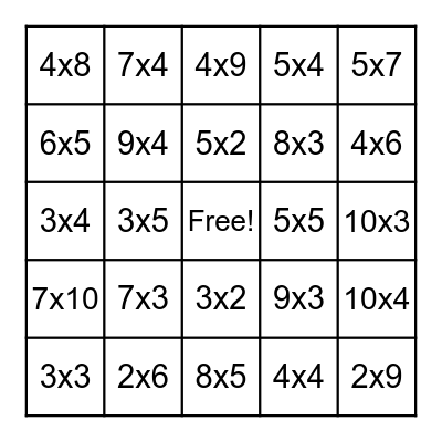 Multiplication Bingo Card
