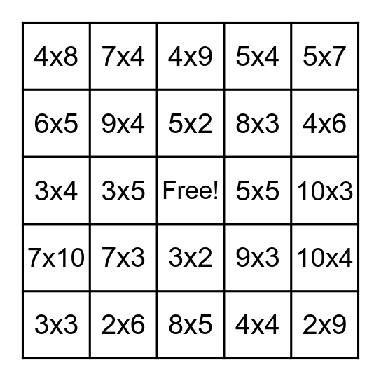 Multiplication Bingo Card
