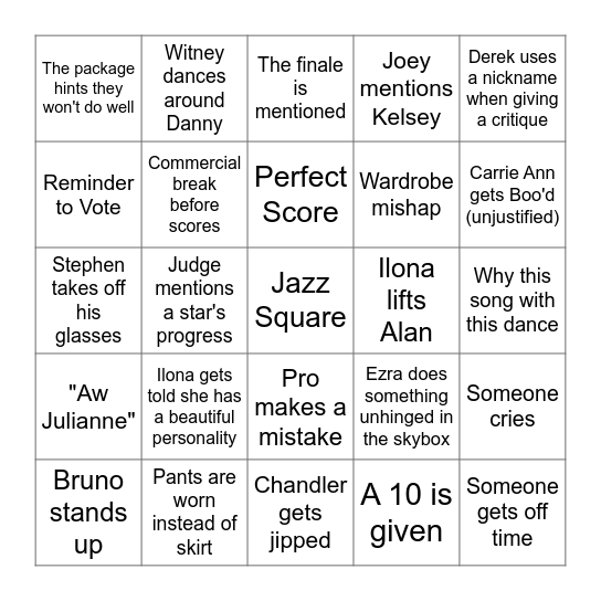 DWTS Semifinals Bingo Card